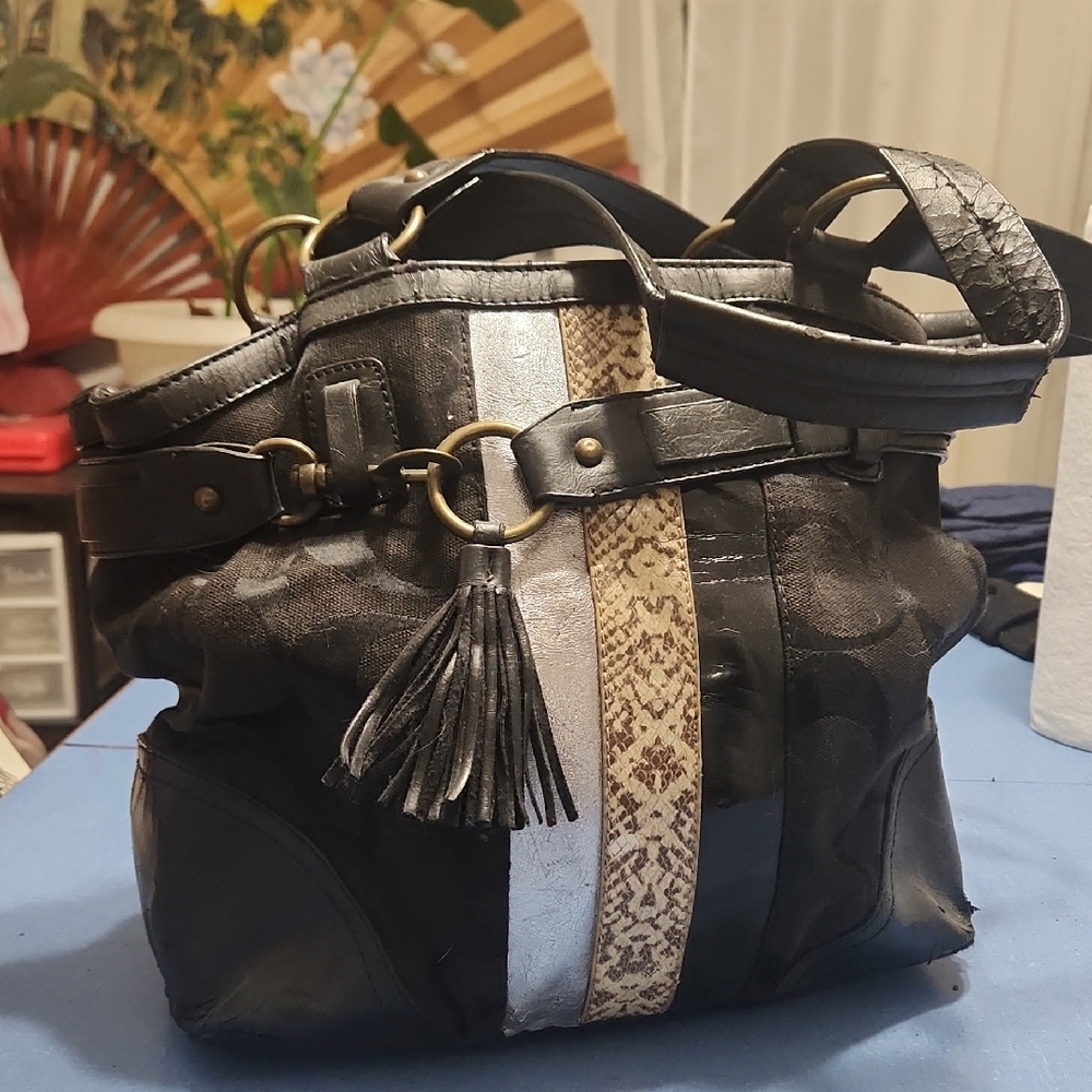 Coach Black and Silver Shoulder Bag with Tassel